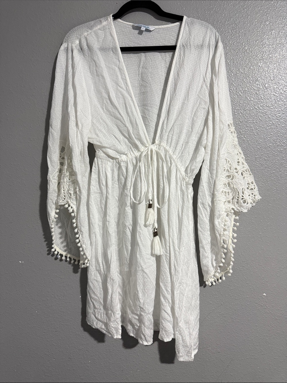 blue island White Crochet Bell-Sleeve Tie-Front Cover-Up Dress